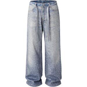 Men Baggy Rhinestone Jeans Wide Leg Denim Pants Vintage Sparkly Pearl Y2K